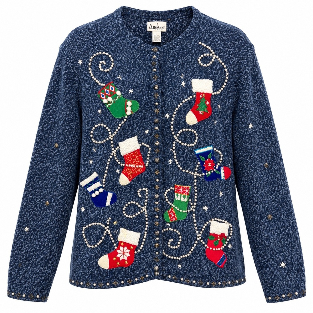 Vintage Ambra Ugly Christmas Sweater Cardigan Women L Kitschy Festive Grannycore